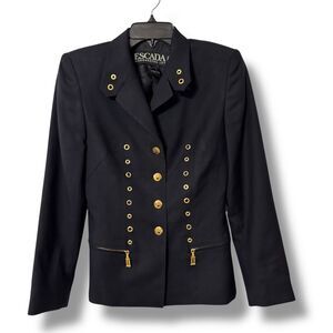 Escada Margaretha Ley Navy Wool Blazer Gold Grommet Vintage Designer EU 36 US 4